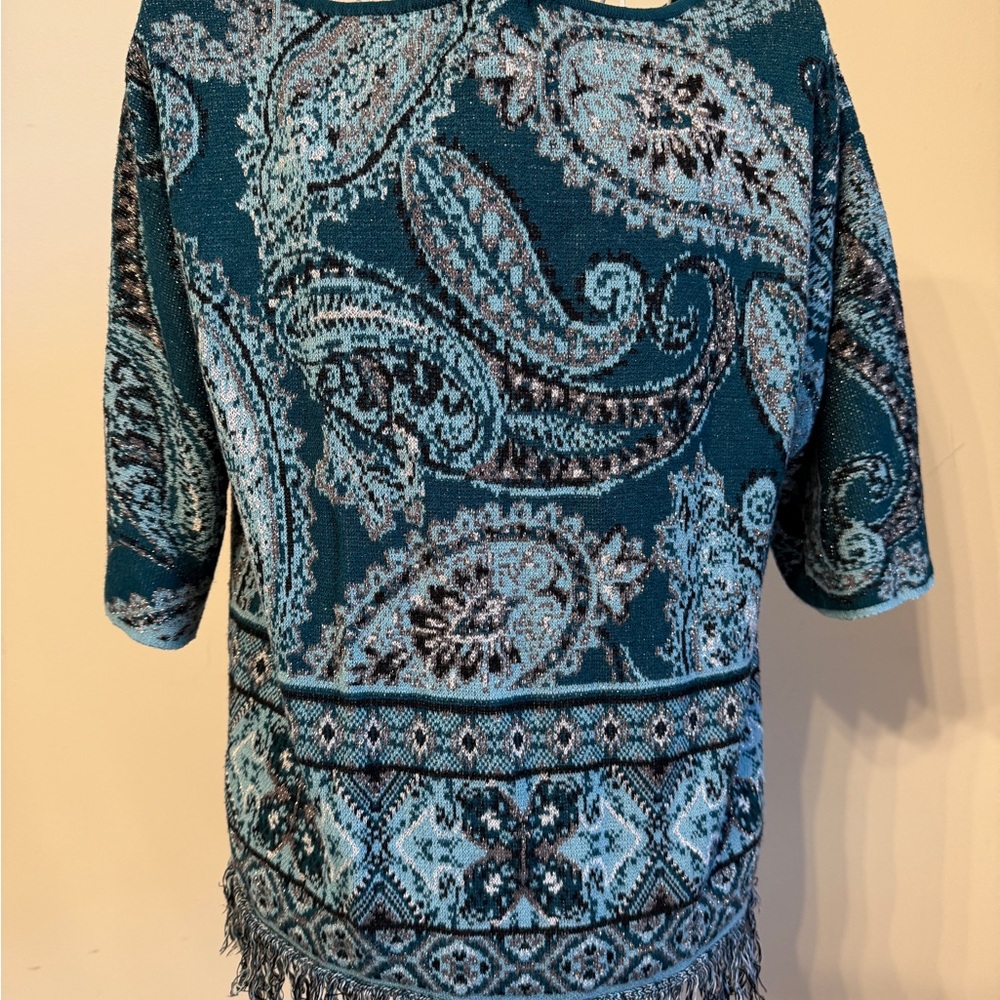 Ruby Rd Petite Paisley Teal Knit Top with fringe hem and silver metallic detail - Picture 5 of 5